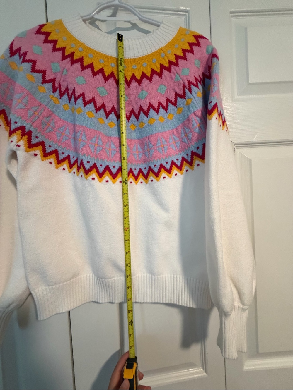 Sugarlips White Crewneck Sweater with Pink, Yellow & Blue Fair Isle Yoke - Picture 4 of 8
